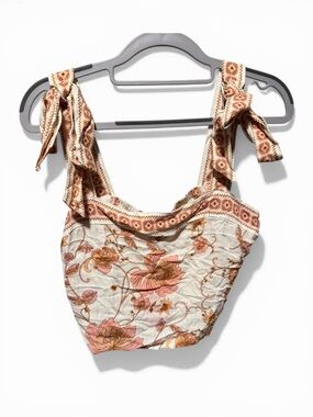Rose & Olive Floral Tie-Strap Crop Top in Cream and Pink Peach